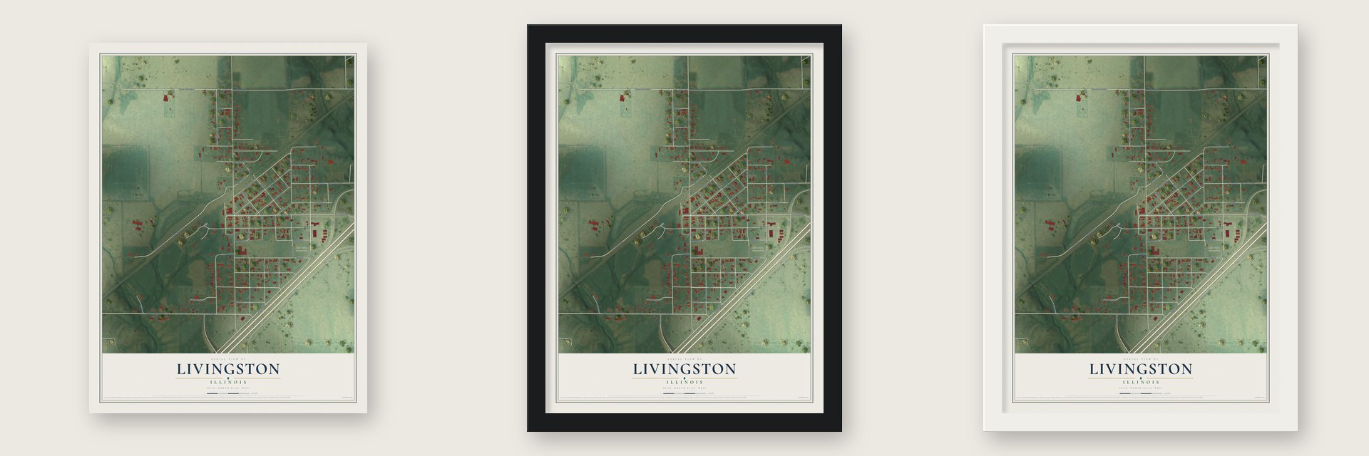 Livingston, Illinois map unframed, in a black wood frame and in a white wood frame