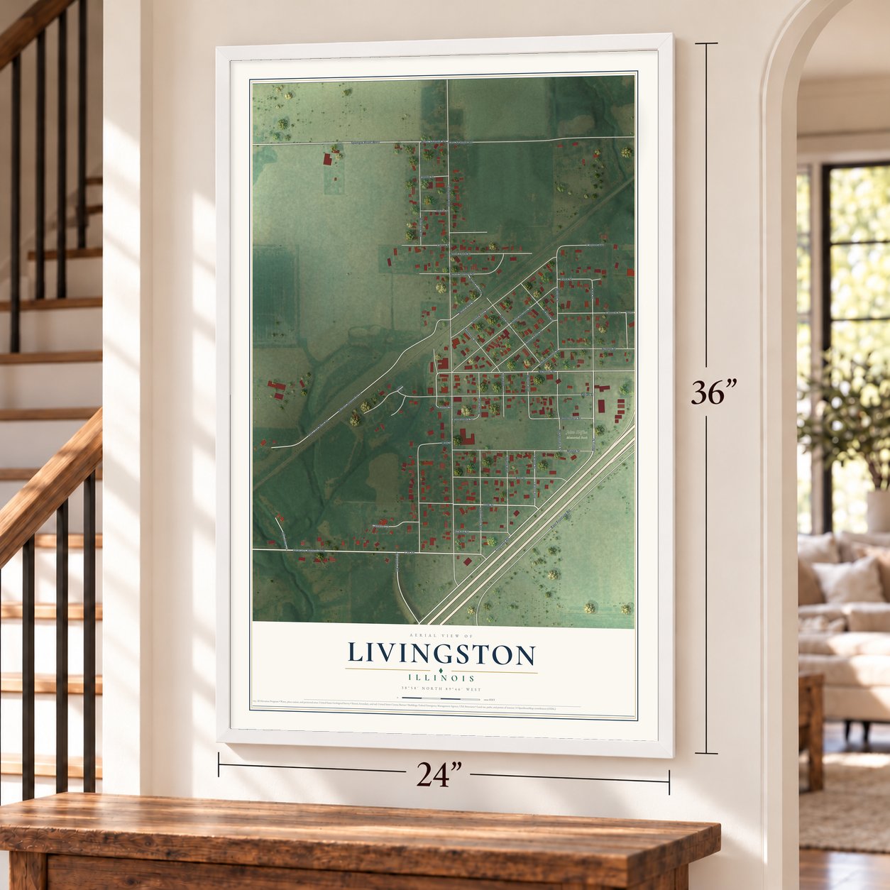 Livingston, Illinois map, 24 x 36 inch print in a white frame by a staircase