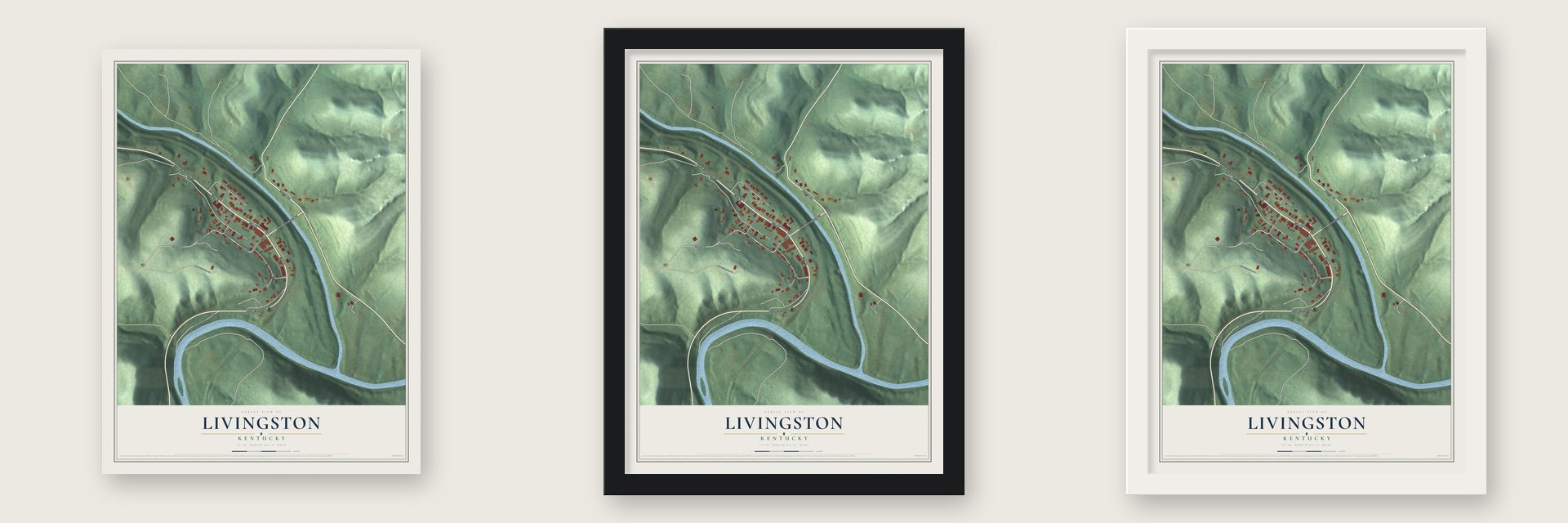 Livingston, Kentucky map unframed, in a black wood frame and in a white wood frame