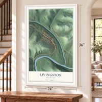 Livingston, Kentucky map, 24 x 36 inch print in a white frame by a staircase