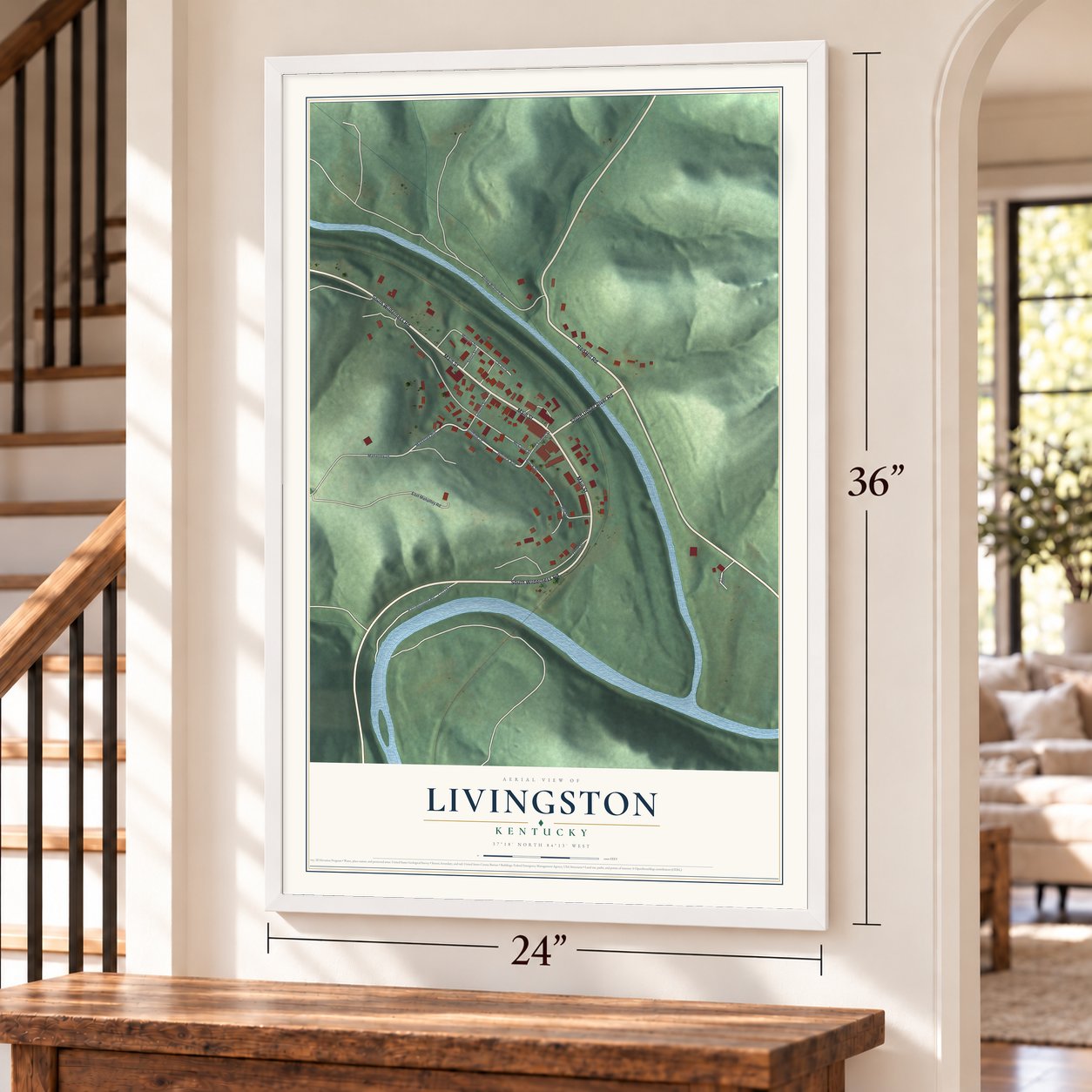 Livingston, Kentucky map, 24 x 36 inch print in a white frame by a staircase