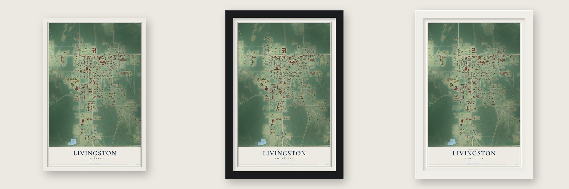 Livingston, Louisiana map unframed, in a black wood frame and in a white wood frame