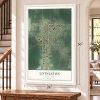 Livingston, Louisiana map, 24 x 36 inch print in a white frame by a staircase