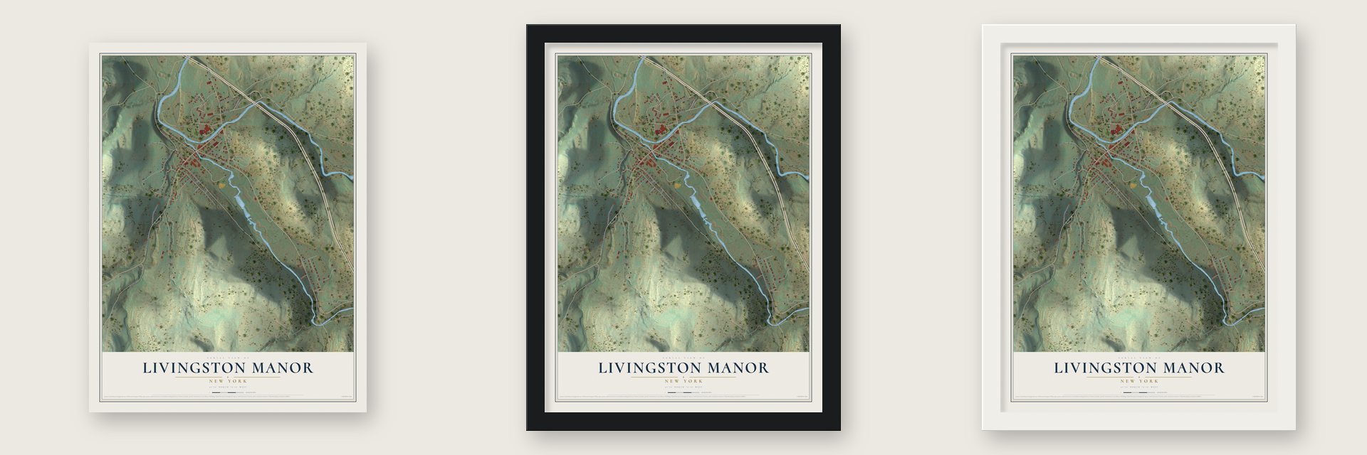 Livingston Manor, New York map unframed, in a black wood frame and in a white wood frame