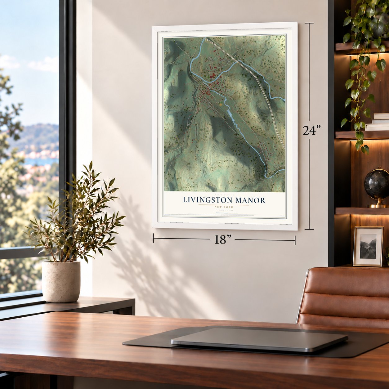 Livingston Manor, New York map, 18 x 24 inch print in a white frame in a home office