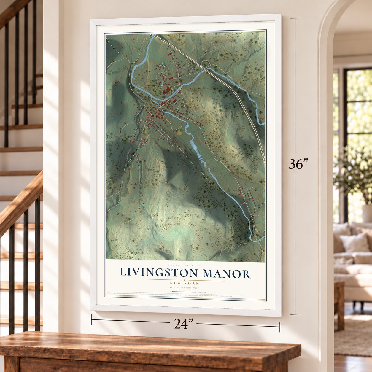 Livingston Manor, New York map, 24 x 36 inch print in a white frame by a staircase