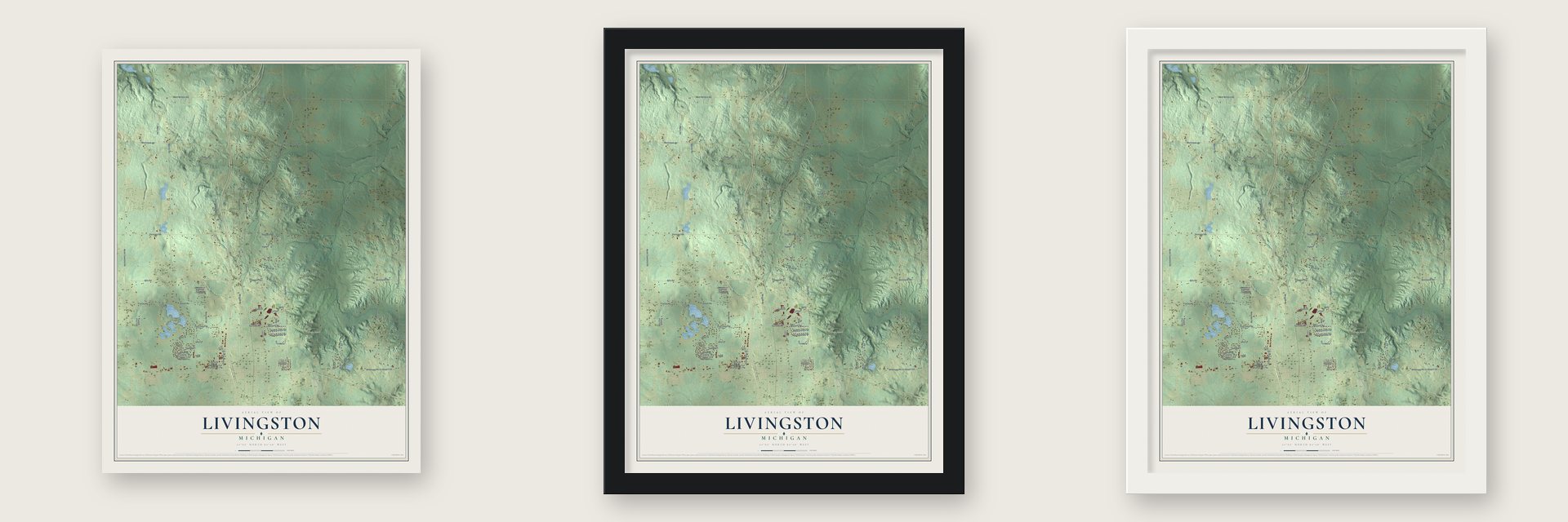 Livingston, Michigan map unframed, in a black wood frame and in a white wood frame