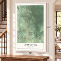 Livingston, Michigan map, 24 x 36 inch print in a white frame by a staircase
