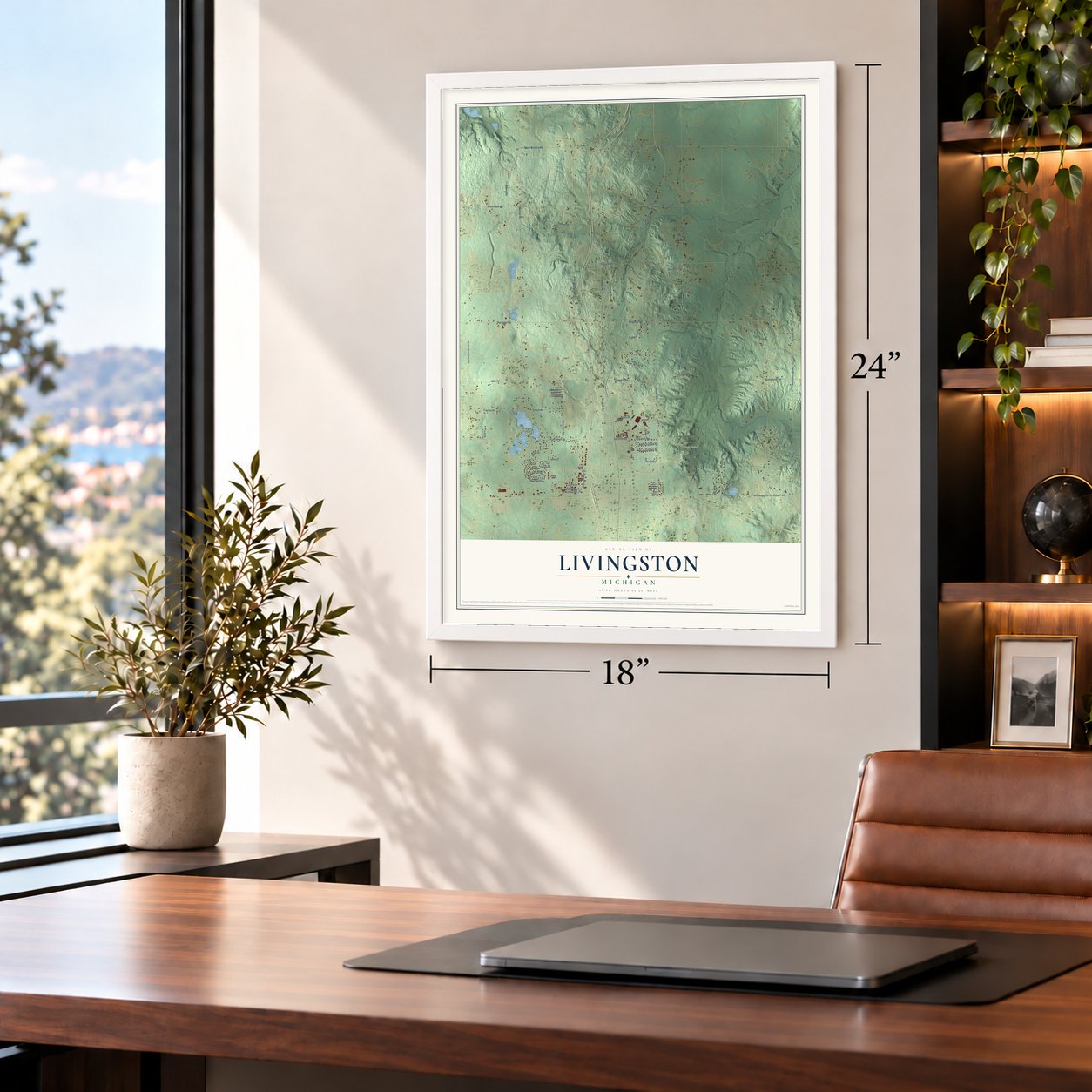 Livingston, Michigan map, 18 x 24 inch print in a white frame in a home office