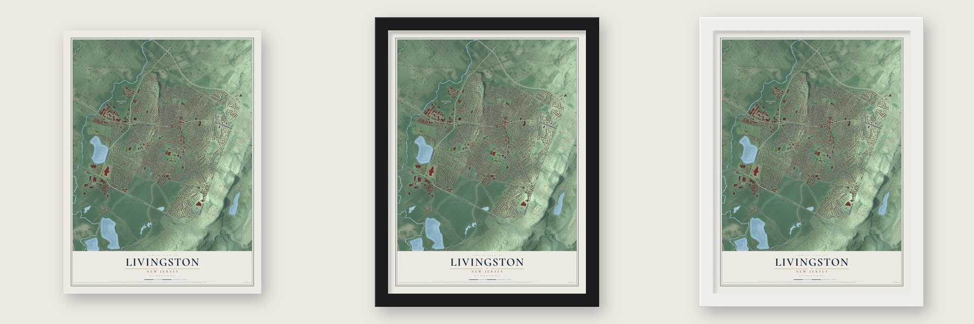 Livingston, New Jersey map unframed, in a black wood frame and in a white wood frame