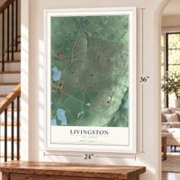 Livingston, New Jersey map, 24 x 36 inch print in a white frame by a staircase
