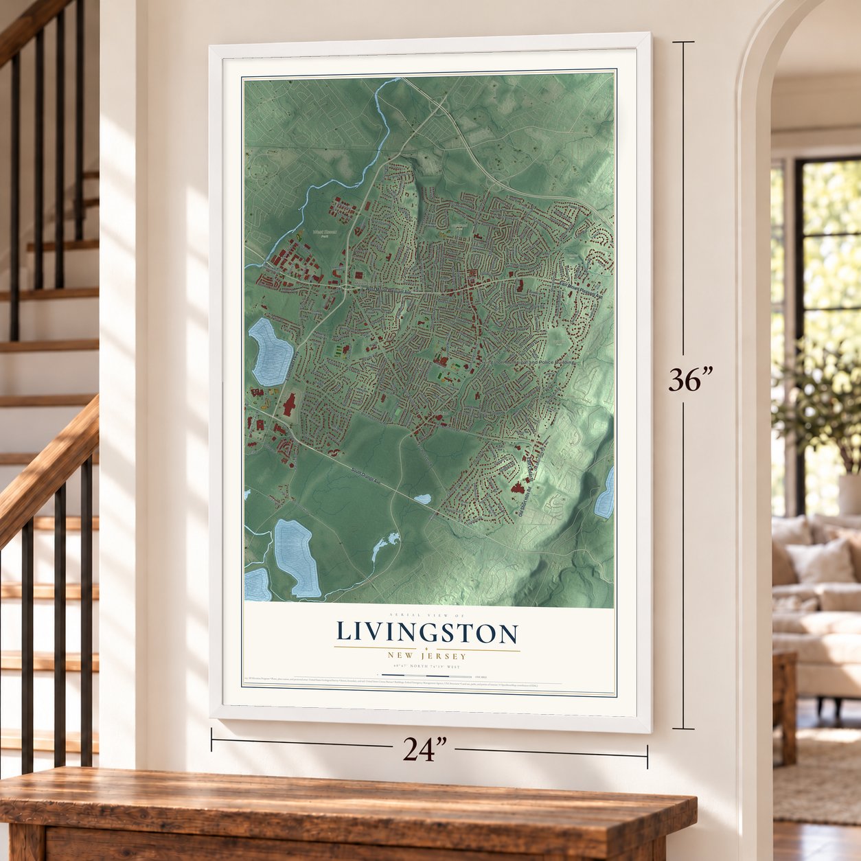 Livingston, New Jersey map, 24 x 36 inch print in a white frame by a staircase
