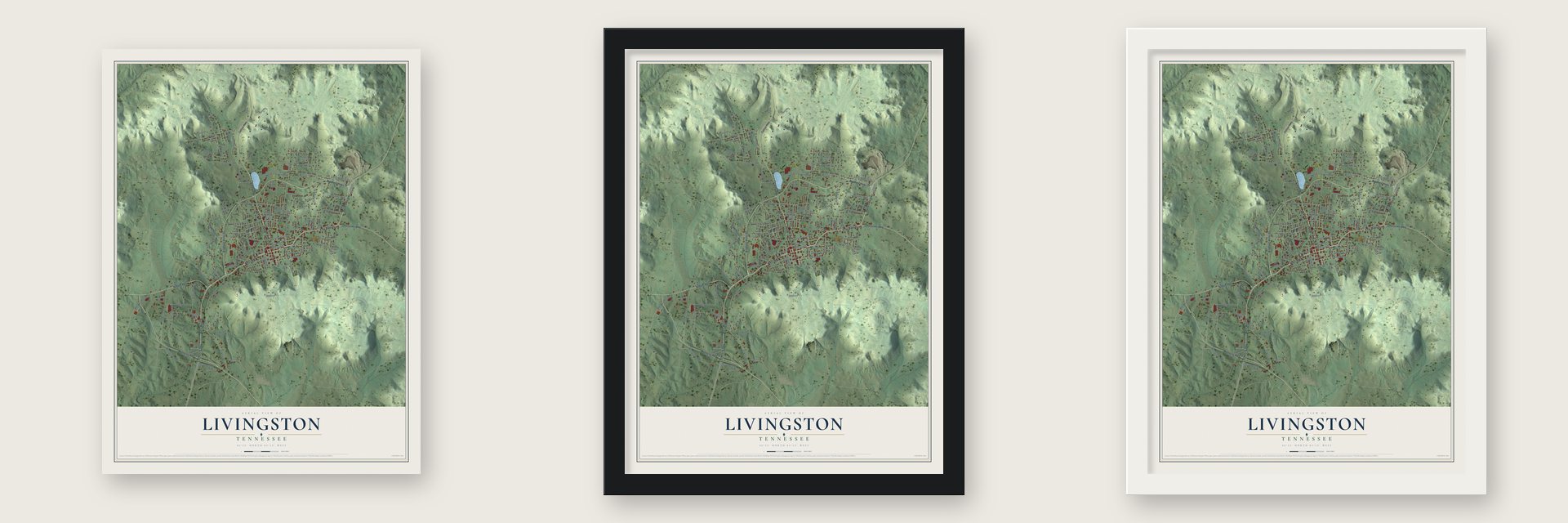 Livingston, Tennessee map unframed, in a black wood frame and in a white wood frame