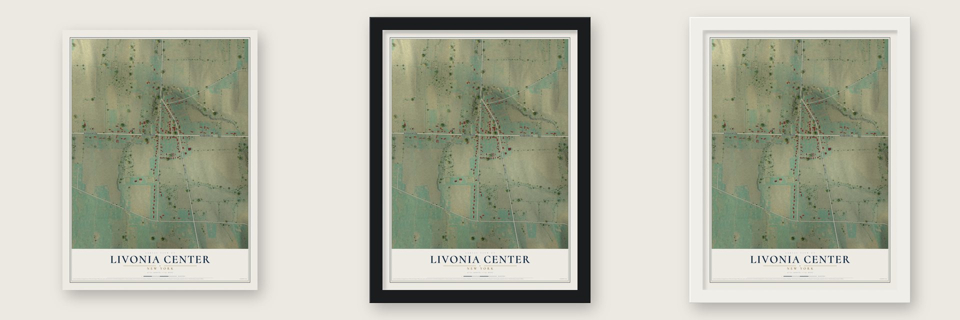 Livonia Center, New York map unframed, in a black wood frame and in a white wood frame