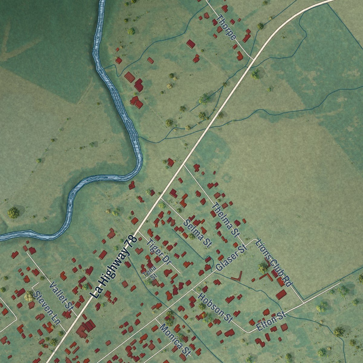 Second close-up of the map of Livonia, Louisiana print showing more streets and buildings