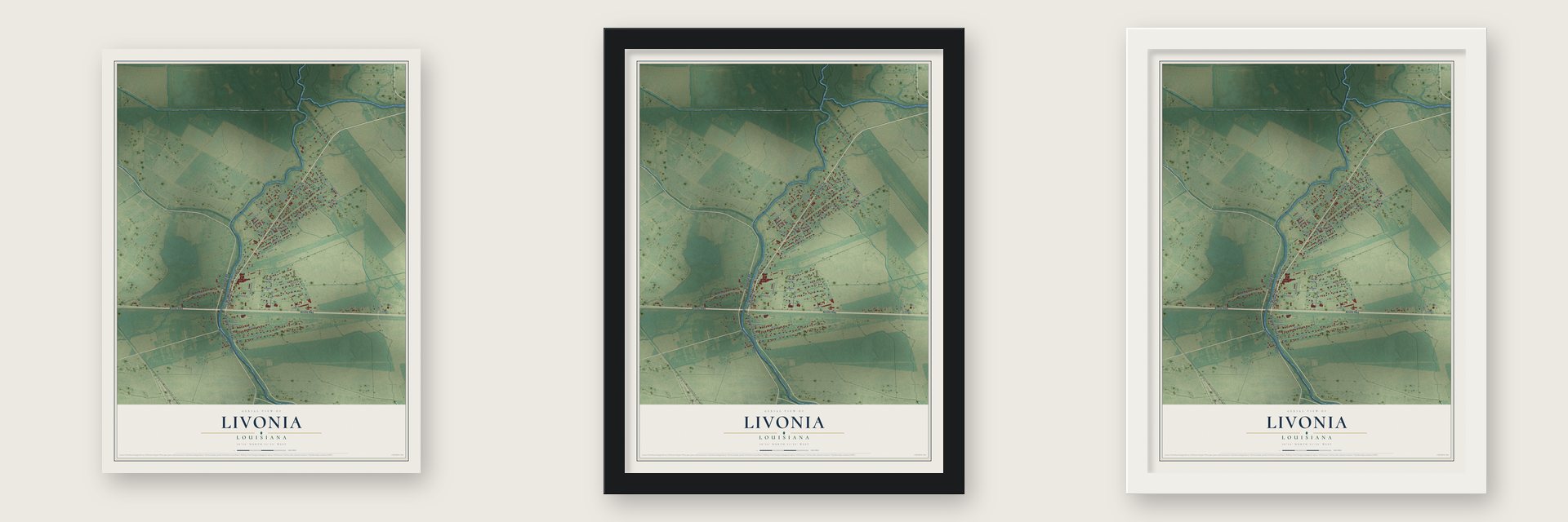 Livonia, Louisiana map unframed, in a black wood frame and in a white wood frame