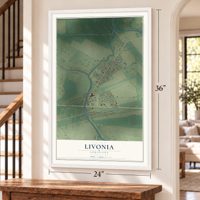 Livonia, Louisiana map, 24 x 36 inch print in a white frame by a staircase