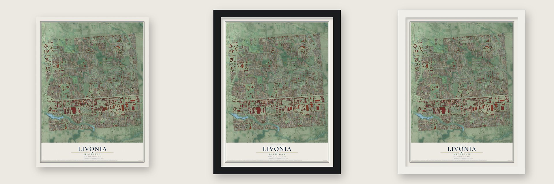 Livonia, Michigan map unframed, in a black wood frame and in a white wood frame