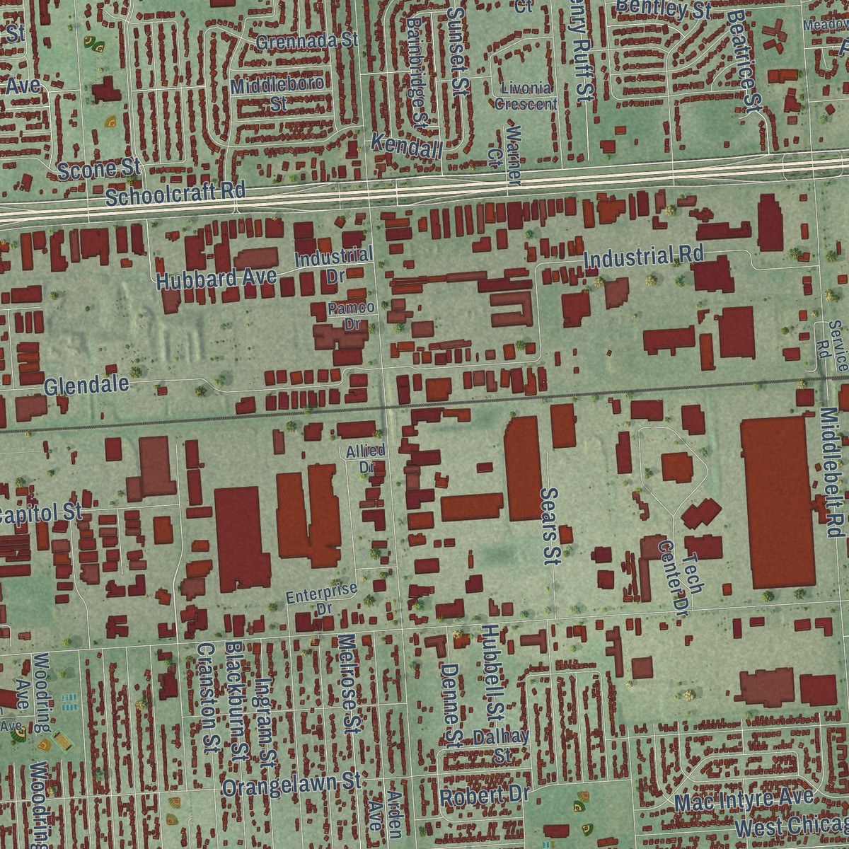 Second close-up of the map of Livonia, Michigan print showing more streets and buildings