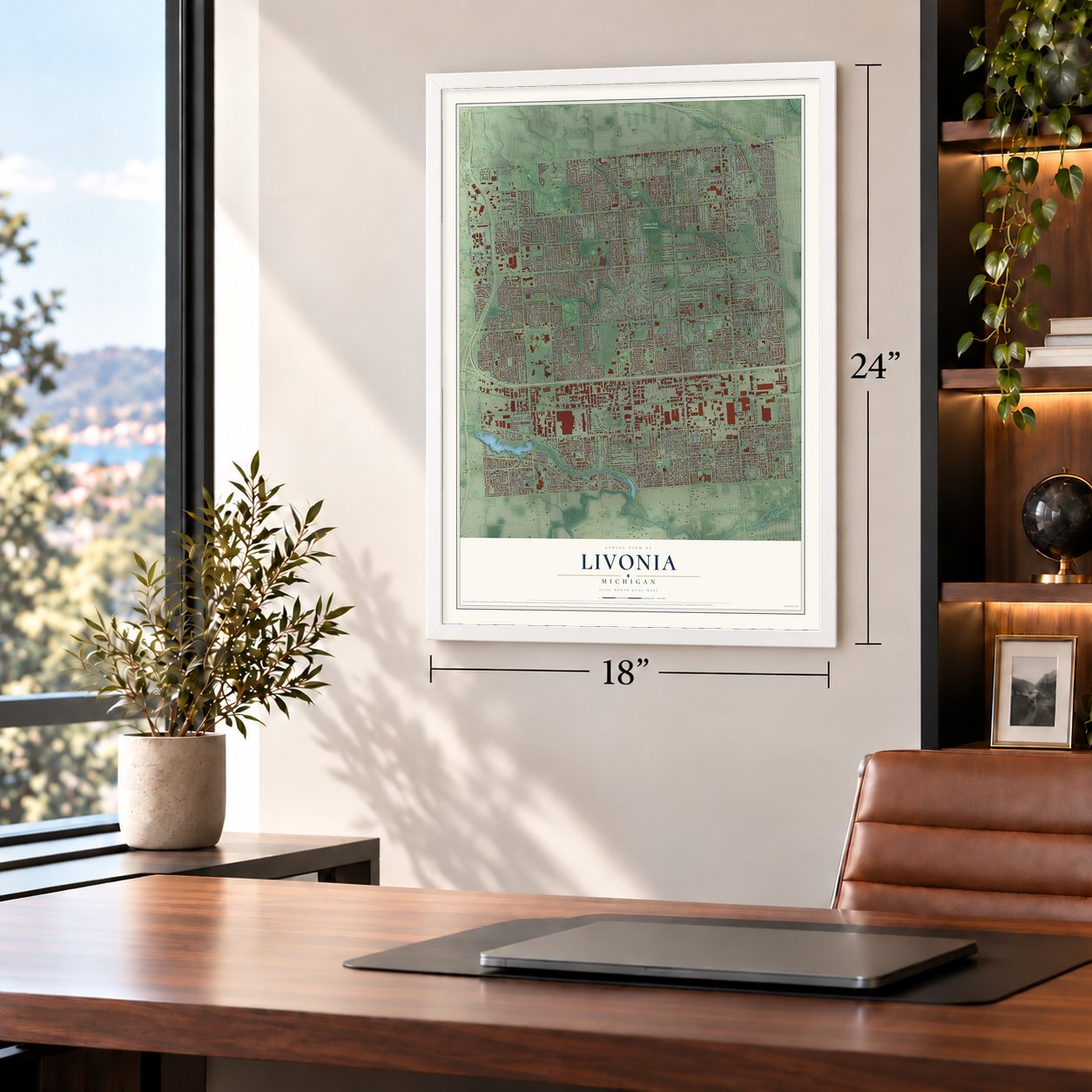 Livonia, Michigan map, 18 x 24 inch print in a white frame in a home office
