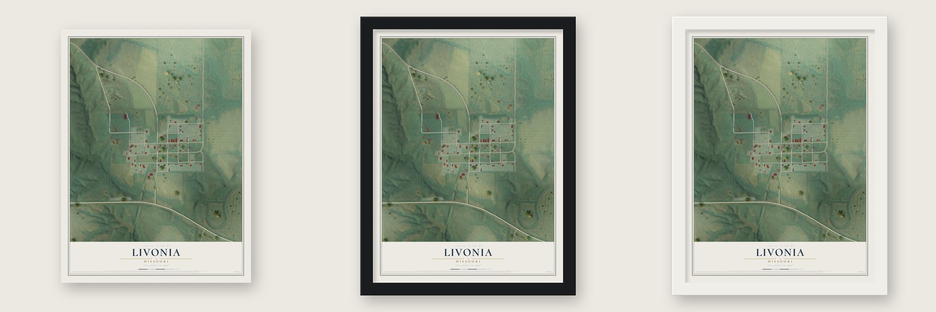 Livonia, Missouri map unframed, in a black wood frame and in a white wood frame
