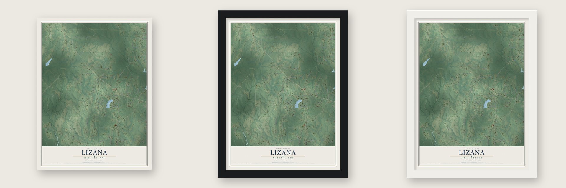 Lizana, Mississippi map unframed, in a black wood frame and in a white wood frame