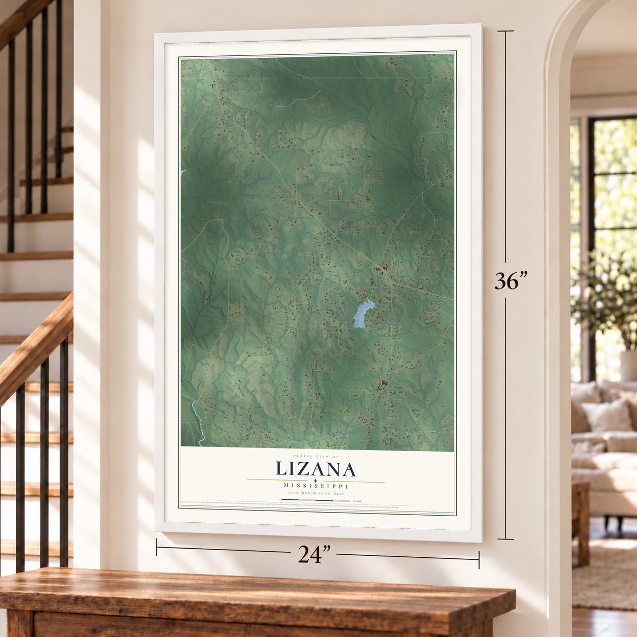 Lizana, Mississippi map, 24 x 36 inch print in a white frame by a staircase