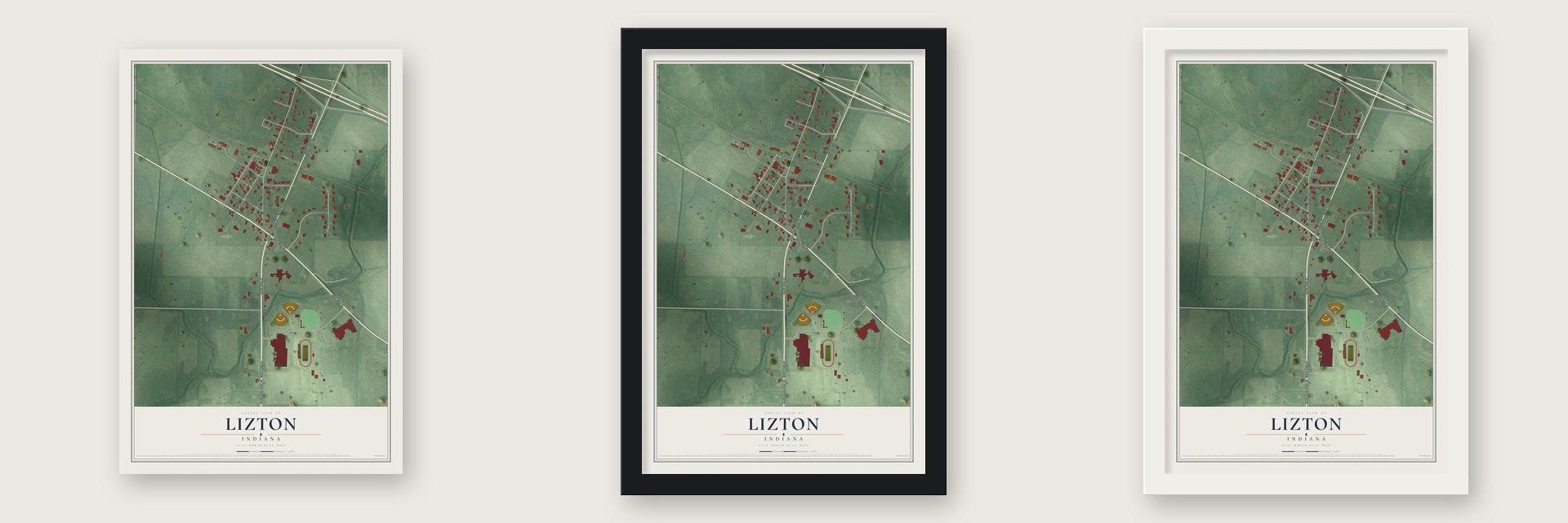 Lizton, Indiana map unframed, in a black wood frame and in a white wood frame