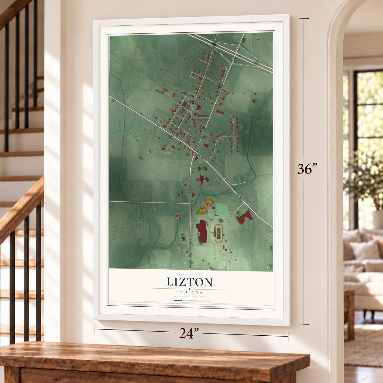 Lizton, Indiana map, 24 x 36 inch print in a white frame by a staircase