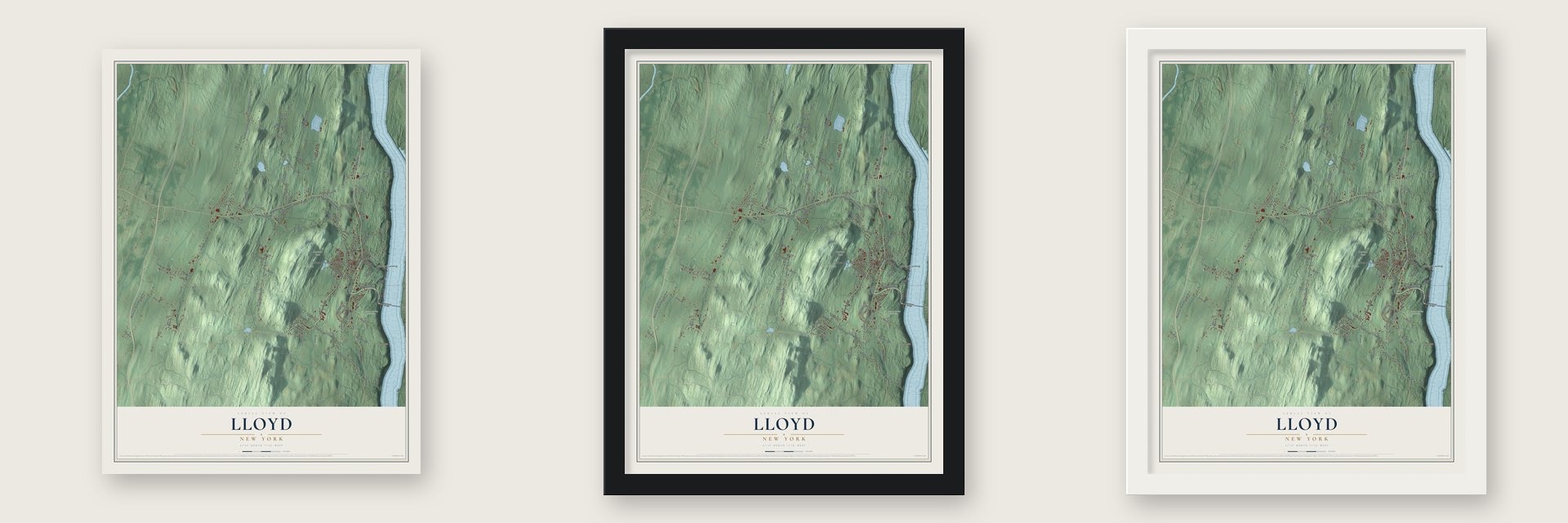 Lloyd, New York map unframed, in a black wood frame and in a white wood frame