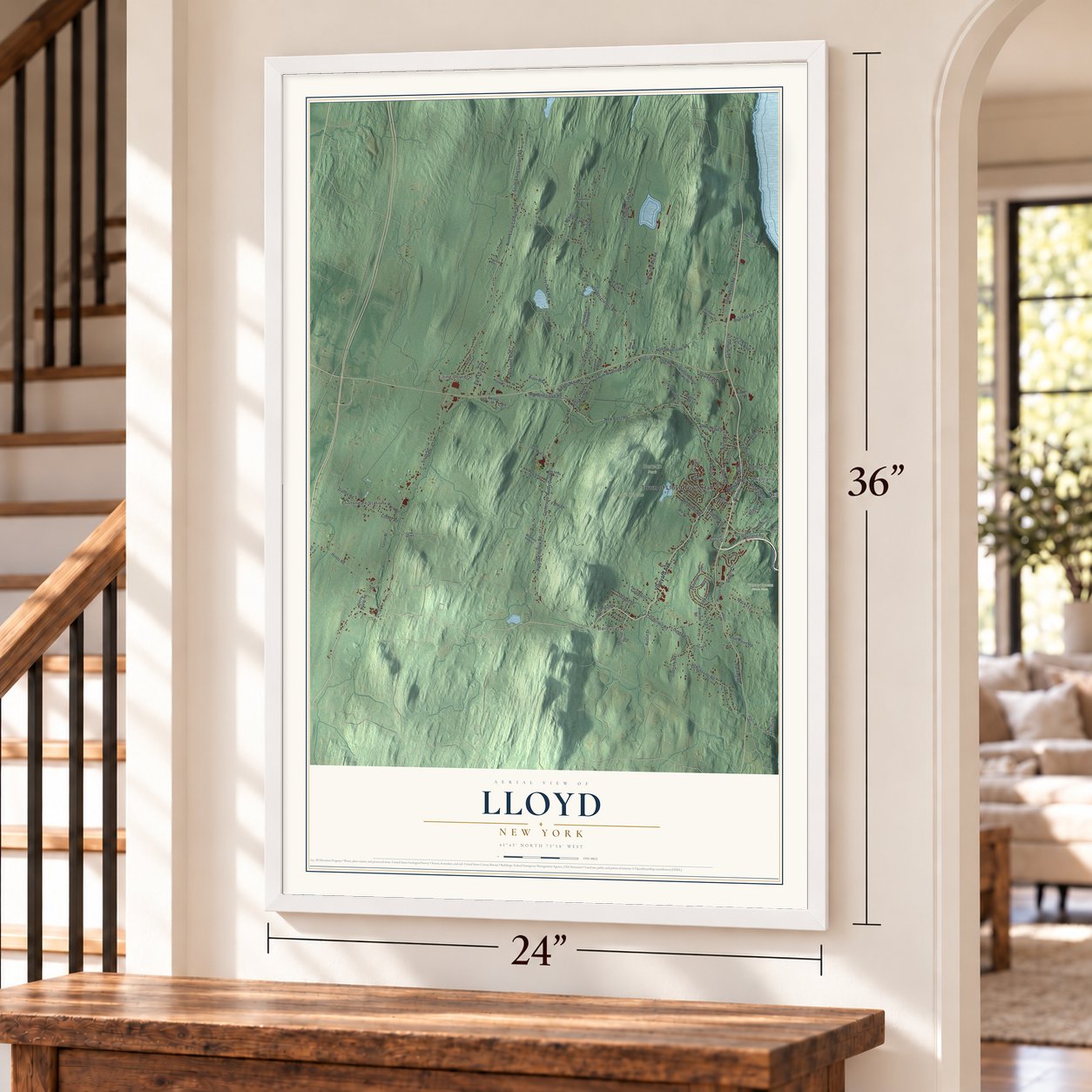 Lloyd, New York map, 24 x 36 inch print in a white frame by a staircase