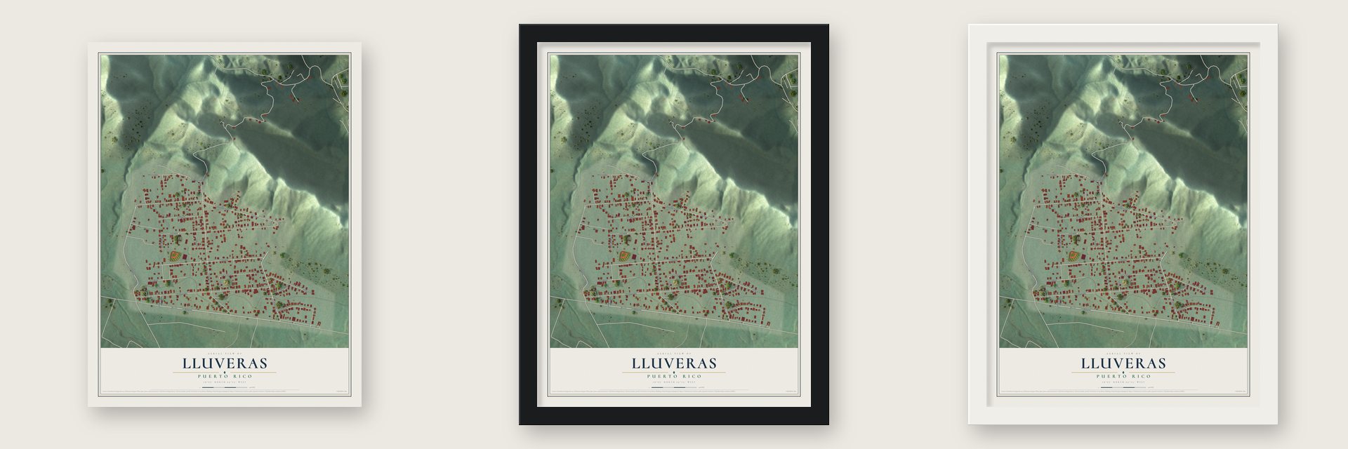 Lluveras, Puerto Rico map unframed, in a black wood frame and in a white wood frame