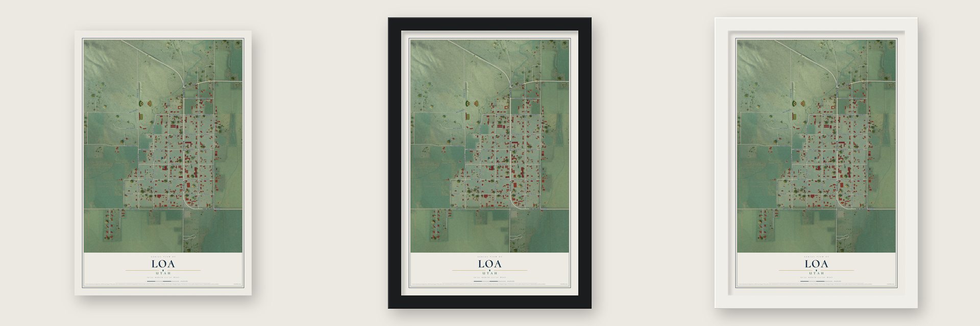 Loa, Utah map unframed, in a black wood frame and in a white wood frame
