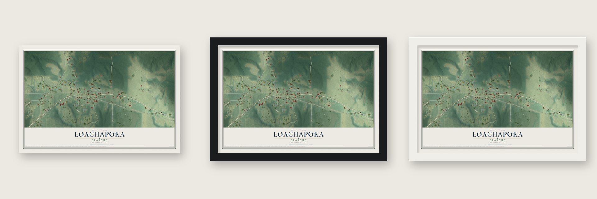 Loachapoka, Alabama map unframed, in a black wood frame and in a white wood frame