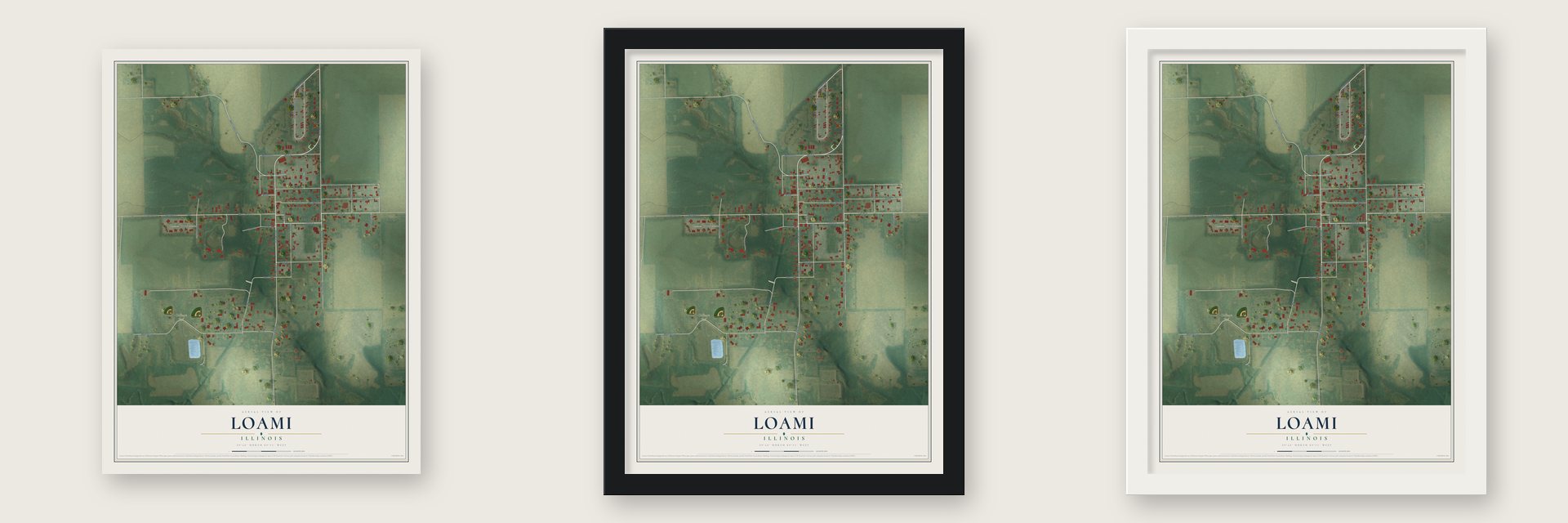 Loami, Illinois map unframed, in a black wood frame and in a white wood frame