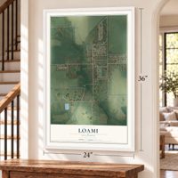 Loami, Illinois map, 24 x 36 inch print in a white frame by a staircase