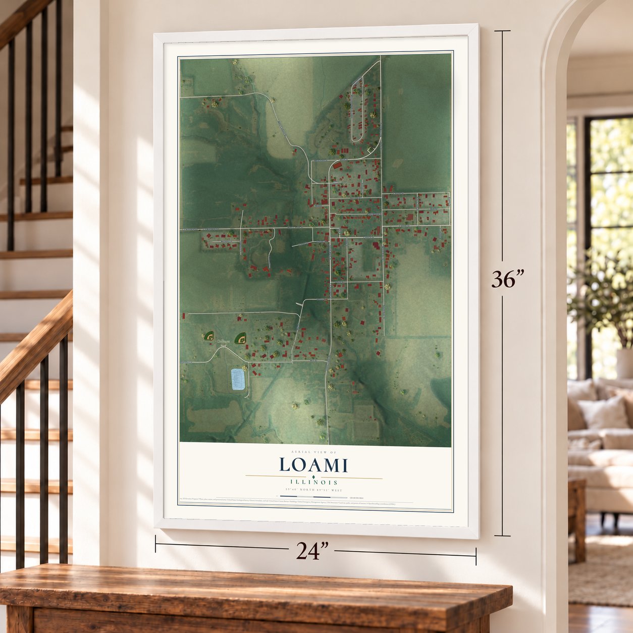 Loami, Illinois map, 24 x 36 inch print in a white frame by a staircase