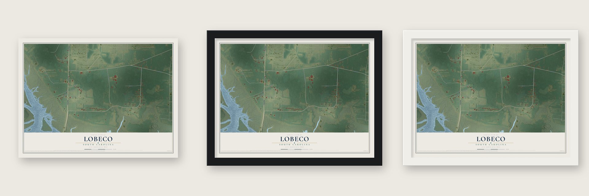 Lobeco, South Carolina map unframed, in a black wood frame and in a white wood frame