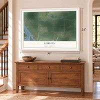 Lobeco, South Carolina map, 24 x 36 inch print in a white frame above a dresser by a staircase