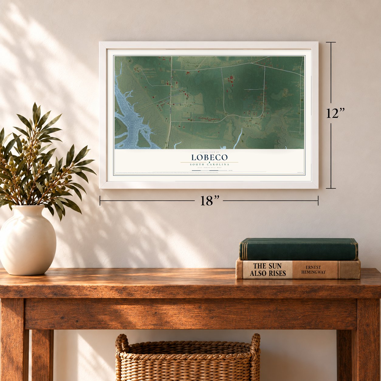 Lobeco, South Carolina map, 12 x 18 inch print in a white frame in an entryway