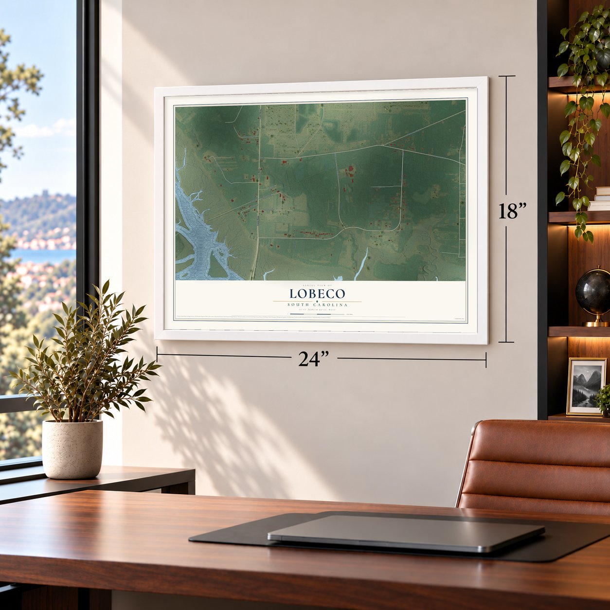 Lobeco, South Carolina map, 18 x 24 inch print in a white frame in a home office