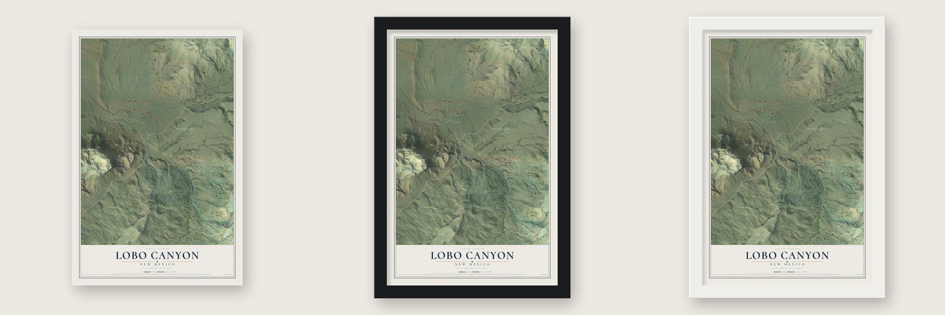 Lobo Canyon, New Mexico map unframed, in a black wood frame and in a white wood frame