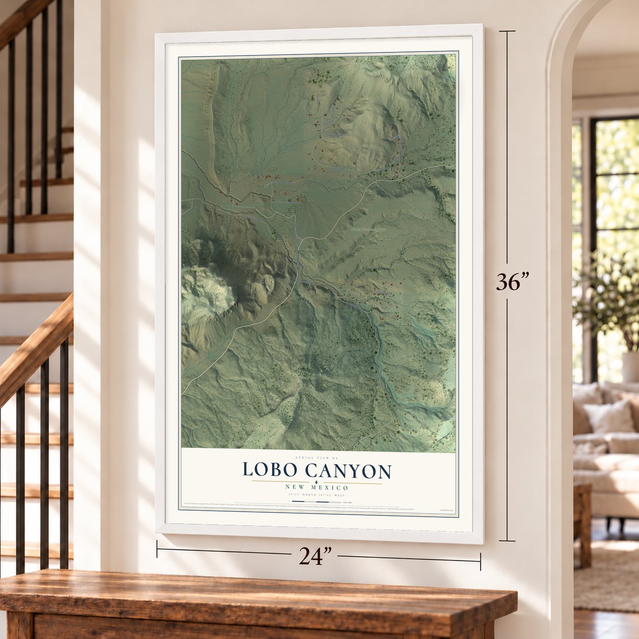 Lobo Canyon, New Mexico map, 24 x 36 inch print in a white frame by a staircase