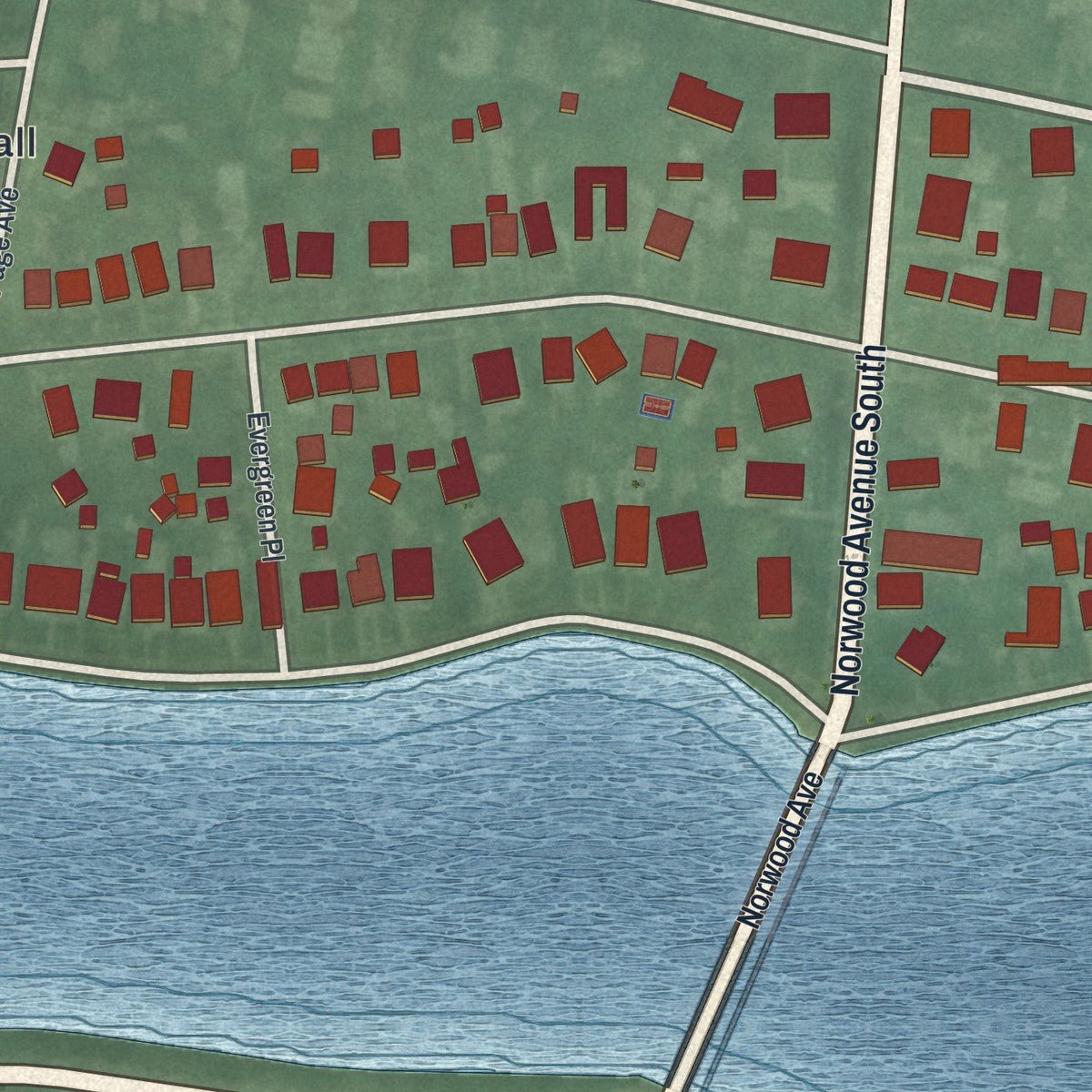 Second close-up of the map of Loch Arbour, New Jersey print showing more streets and buildings