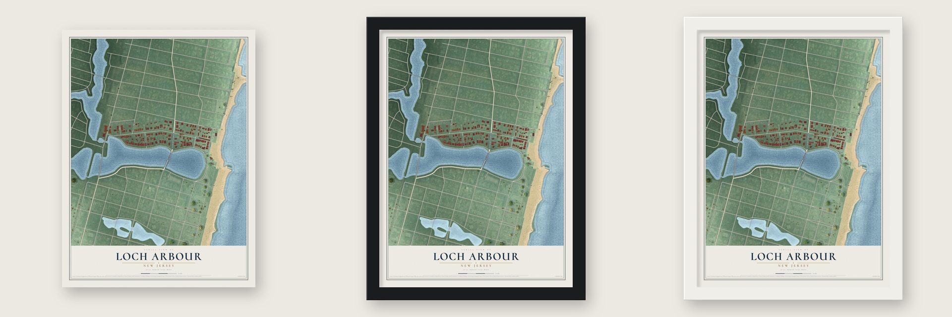 Loch Arbour, New Jersey map unframed, in a black wood frame and in a white wood frame