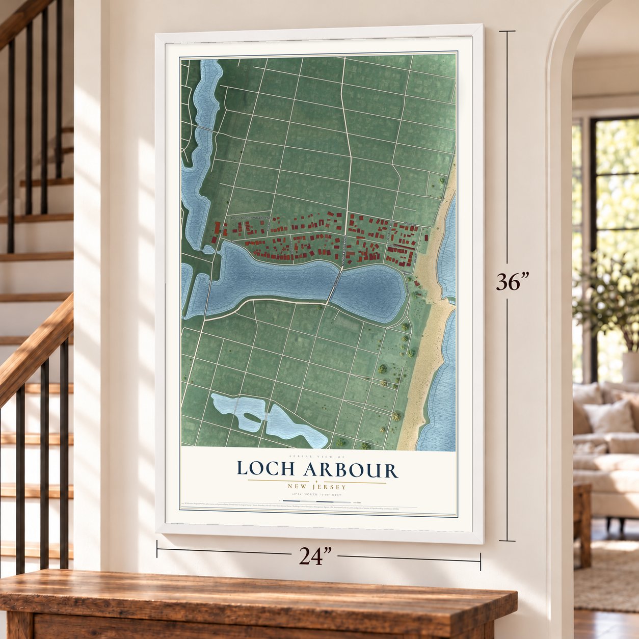 Loch Arbour, New Jersey map, 24 x 36 inch print in a white frame by a staircase