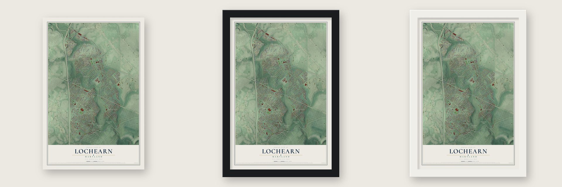 Lochearn, Maryland map unframed, in a black wood frame and in a white wood frame