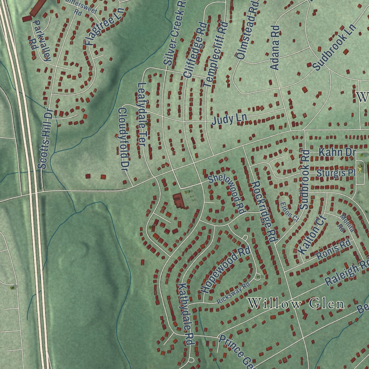 Second close-up of the map of Lochearn, Maryland print showing more streets and buildings