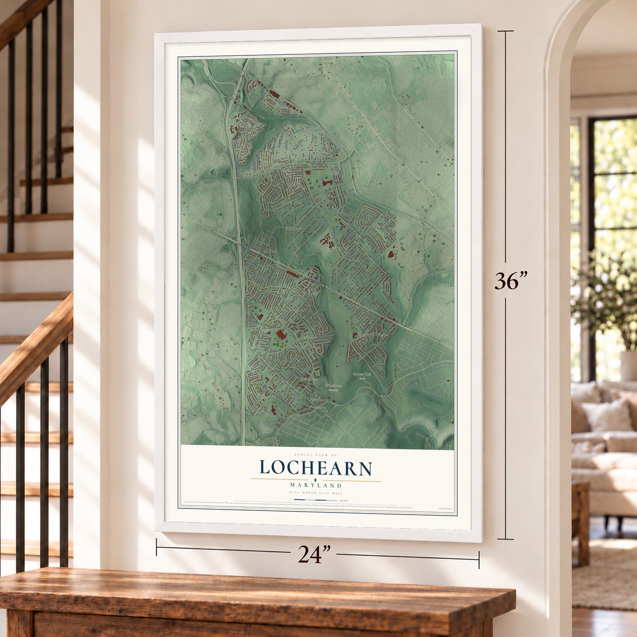 Lochearn, Maryland map, 24 x 36 inch print in a white frame by a staircase