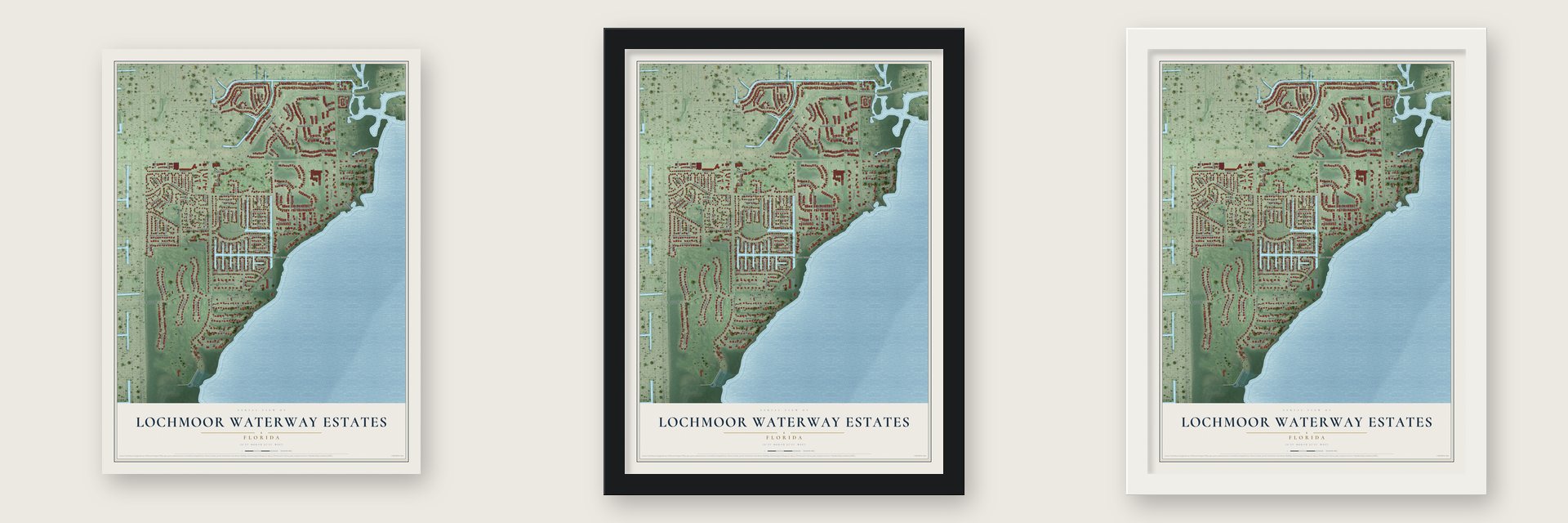 Lochmoor Waterway Estates, Florida map unframed, in a black wood frame and in a white wood frame